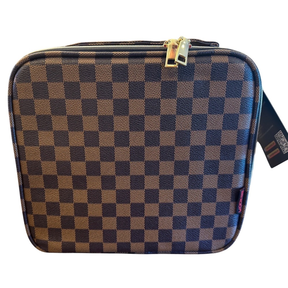 WODKEIS Makeup Train Case Brown Checkered Travel Cosmetic Organizer Bag NWT